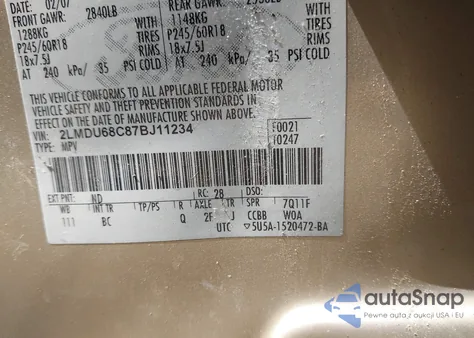 2007 Lincoln Mkx из США, поврежденный, VIN 2LMDU68C87BJ11234